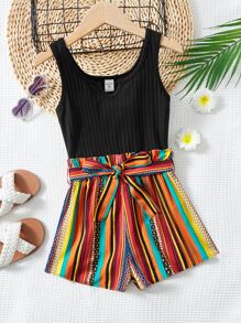 SHEIN Girls Striped Print Belted Tank Romper - Multicolor - View 1