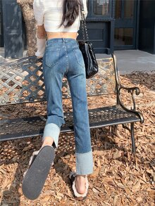 Jeans de pierna recta panel en contraste - Azul lavado medio - Ver 2