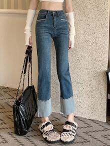 Jeans de pierna recta panel en contraste - Azul lavado medio - Ver 3