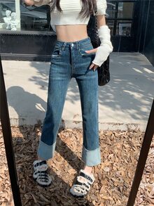 Jeans de pierna recta panel en contraste - Azul lavado medio - Ver 4