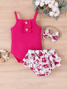 Bộ đồ Em bé Nút Xù phân lớp Hoa - Màu Hồng Tươi - Xem 1