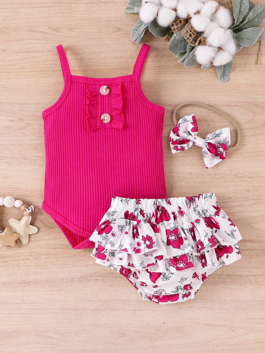 Bộ đồ Em bé Nút Xù phân lớp Hoa - Màu Hồng Tươi - Xem 1