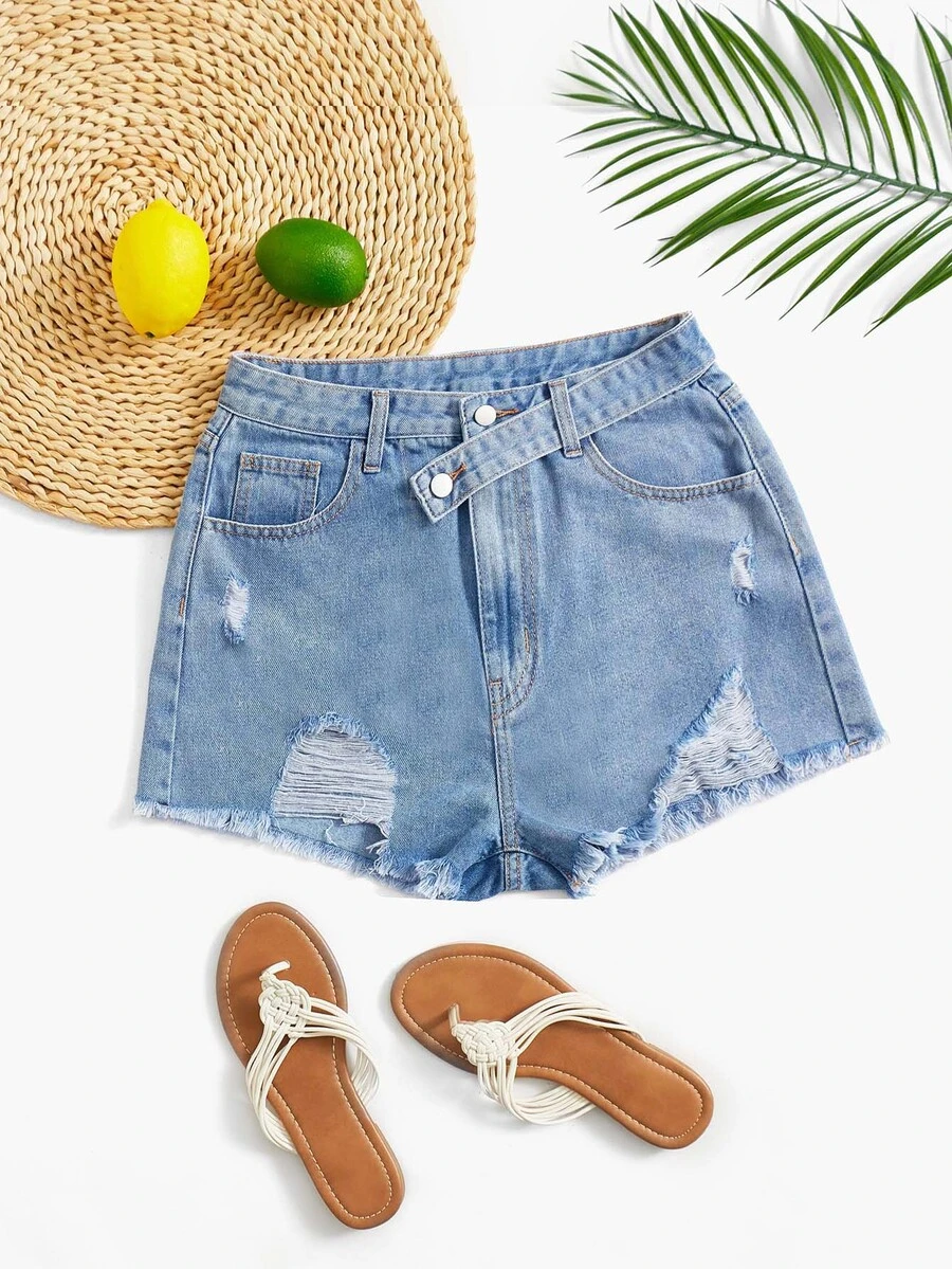 Ripped Raw Hem Denim Shorts - Light Wash - View 1