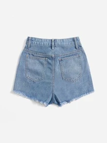 Ripped Raw Hem Denim Shorts - Light Wash - View 3