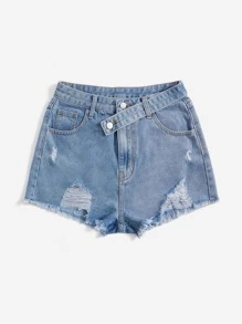 Ripped Raw Hem Denim Shorts - Light Wash - View 2