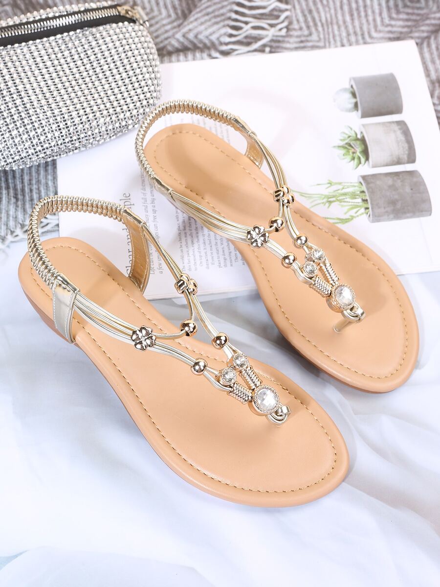 Fashion Thong Sandals For Women, Rhinestone & Beaded Decor Toe Post Design Sandals - Gold - View 1
