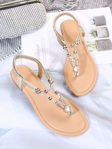 Fashion Thong Sandals For Women, Rhinestone & Beaded Decor Toe Post Design Sandals - Gold - View 2