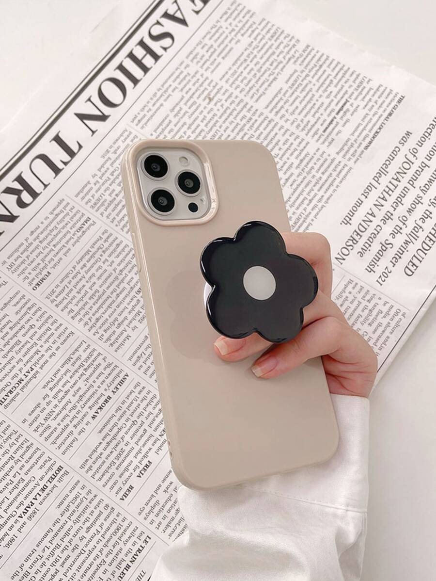 1pc Khaki Color Phone Case With Black Flower Stand Compatible With IPhone 16, 16+, Pro, 16Pro Max, 16Plus - Multicolor - View 1