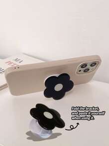 1pc Khaki Color Phone Case With Black Flower Stand Compatible With IPhone 16, 16+, Pro, 16Pro Max, 16Plus - Multicolor - View 3