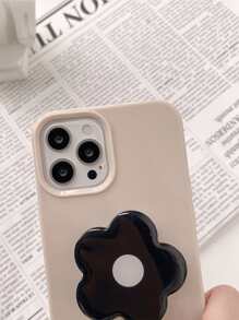 1pc Khaki Color Phone Case With Black Flower Stand Compatible With IPhone 16, 16+, Pro, 16Pro Max, 16Plus - Multicolor - View 4