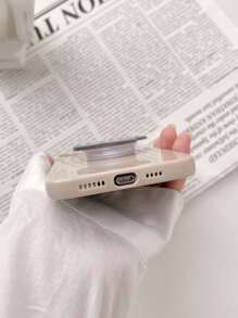 1pc Khaki Color Phone Case With Black Flower Stand Compatible With IPhone 16, 16+, Pro, 16Pro Max, 16Plus - Multicolor - View 5