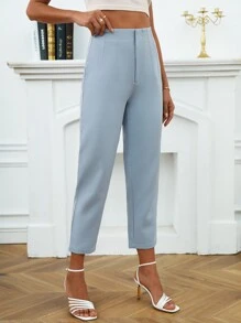 SHEIN Frenchy Solid Cropped Trousers - Baby Blue - View 4