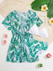 Tween Girl Tropical Print Halter Triangle Bikini Set With Kimono Summer Beach - Multicolor - View 5