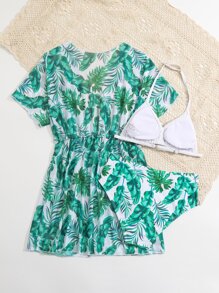 Tween Girl Tropical Print Halter Triangle Bikini Set With Kimono Summer Beach - Multicolor - View 2