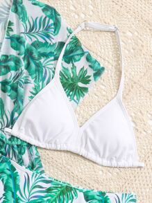 Tween Girl Tropical Print Halter Triangle Bikini Set With Kimono Summer Beach - Multicolor - View 3