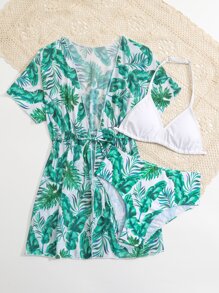 Tween Girl Tropical Print Halter Triangle Bikini Set With Kimono Summer Beach - Multicolor - View 1