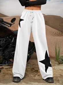 SHEIN ICON Star Print Drawstring Waist Wide Leg Sweatpants - White - View 1