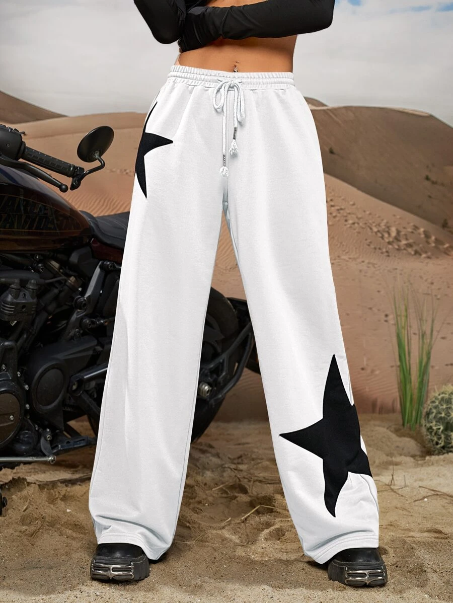 SHEIN ICON Star Print Drawstring Waist Wide Leg Sweatpants - White - View 1