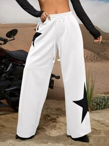 SHEIN ICON Star Print Drawstring Waist Wide Leg Sweatpants - White - View 4