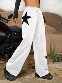 SHEIN ICON Star Print Drawstring Waist Wide Leg Sweatpants - White - View 5