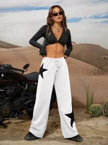 SHEIN ICON Star Print Drawstring Waist Wide Leg Sweatpants - White - View 6