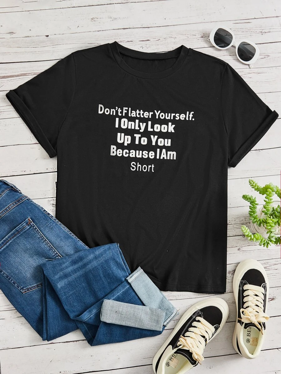 SHEIN Essnce 大碼標語圖案T恤 - 黑色 - 查看 1