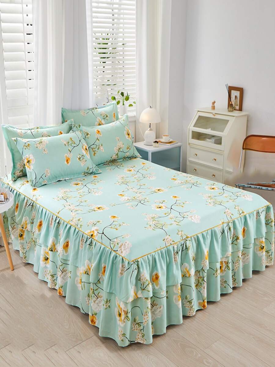 素色雙面加厚溫暖絎縫水晶天鵝絨床裙，吸濕排汗，透氣設計和蕾絲下擺（單人床裙），帶繫帶，30 厘米/12 英寸深口袋，貼身，柔軟光滑，超細纖維填充，輕鬆-去除抗皺靜電防護罩 - 藍色 - 查看 1