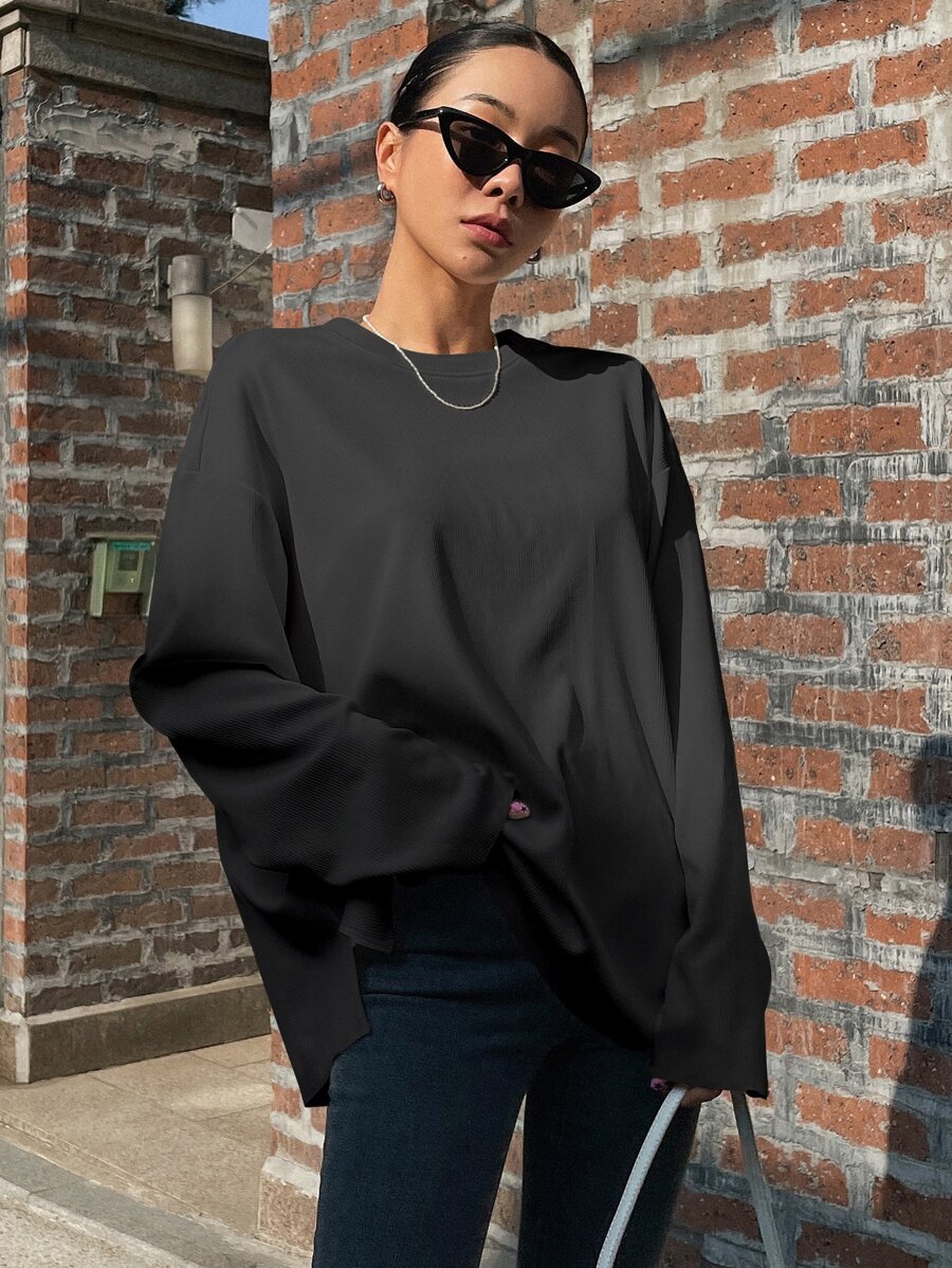 DAZY Áo thun dài tay cổ rớt vai trơn, trang phục mùa thu, trang phục đi học, kiểu dáng preppy. - màu đen - Xem 1