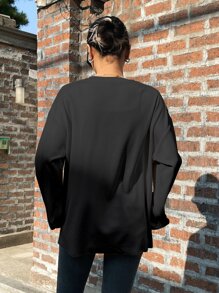 DAZY Áo thun dài tay cổ rớt vai trơn, trang phục mùa thu, trang phục đi học, kiểu dáng preppy. - màu đen - Xem 2