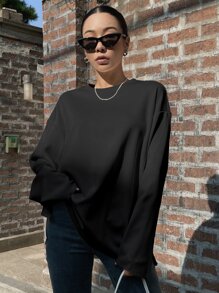 DAZY Áo thun dài tay cổ rớt vai trơn, trang phục mùa thu, trang phục đi học, kiểu dáng preppy. - màu đen - Xem 4