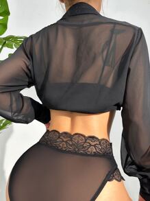 Contrast Lace Cut Out Mesh Panty - Black - View 1
