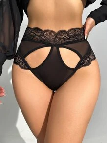 Contrast Lace Cut Out Mesh Panty - Black - View 2