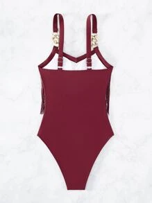 Swim Lushoire 2025 Women Solid Color Fringe Design Fashionable Spaghetti Strap One-Piece Swimsuit - Burgundy - View 3