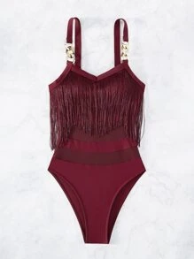Swim Lushoire 2025 Women Solid Color Fringe Design Fashionable Spaghetti Strap One-Piece Swimsuit - Burgundy - View 5