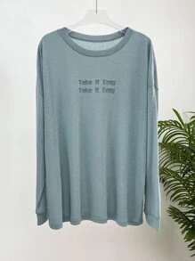 DAZY Đồ họa Khẩu hiệu Áo thun Thả vai - Màu xanh lam - Xem 6