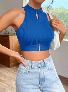 SHEIN EZwear 鎖眼領口短款背心 - 寶藍色 - 查看 5