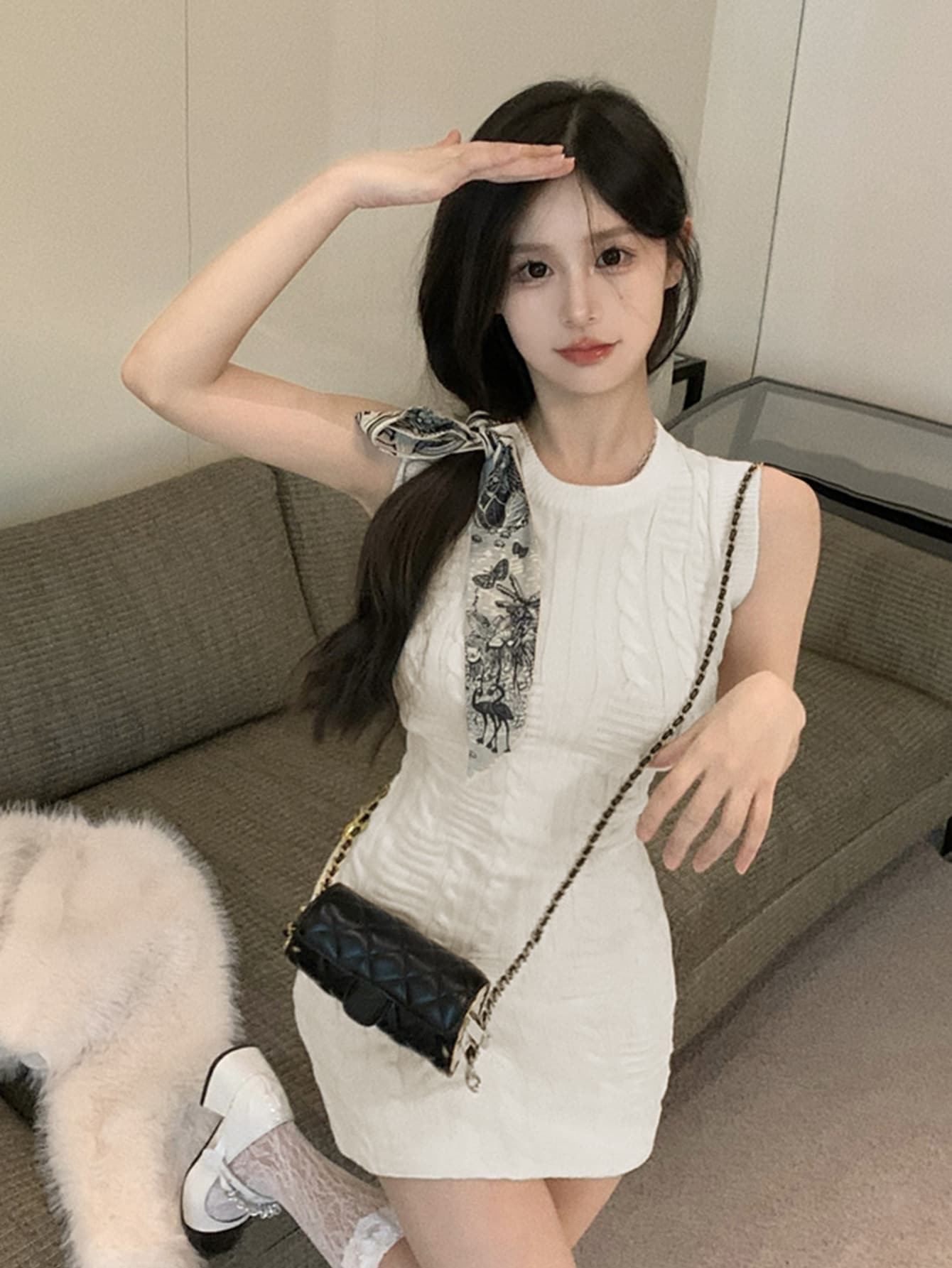 Vestido de punto unicolor tejido de cable - Blanco - Ver 1