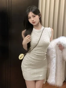 Vestido de punto unicolor tejido de cable - Blanco - Ver 4