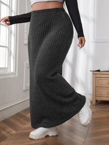 SHEIN EZwear Plus High Waist Ribbed Knit Maxi Skirt - Dark Grey - View 1