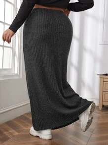 SHEIN EZwear Plus High Waist Ribbed Knit Maxi Skirt - Dark Grey - View 2
