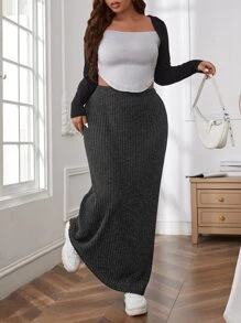 SHEIN EZwear Plus High Waist Ribbed Knit Maxi Skirt - Dark Grey - View 3