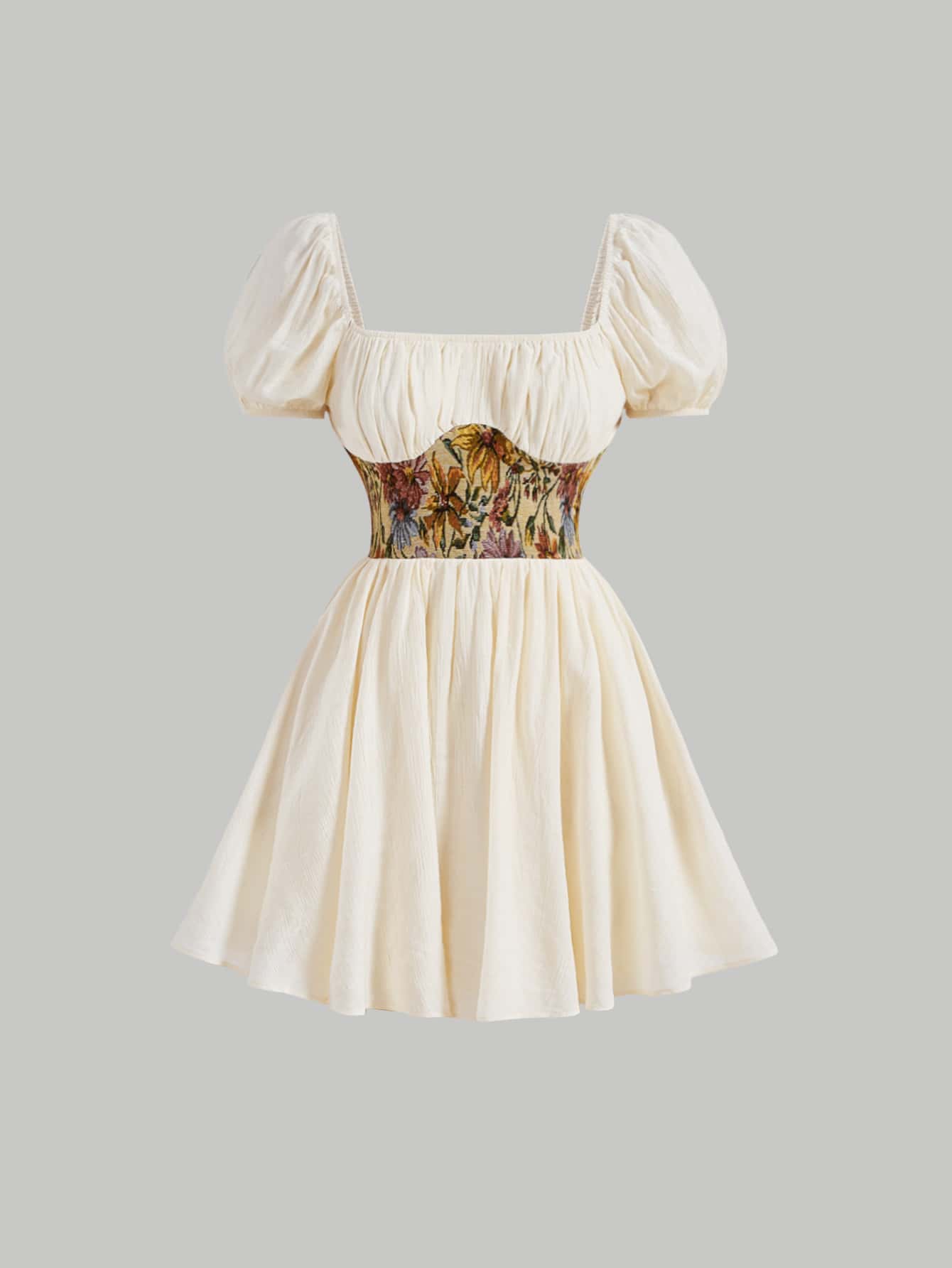 SHEIN MOD Đầm Dây kéo Nếp gấp Phần Ngực Hoa Giải trí - Màu be - Xem 1