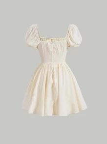 SHEIN MOD Đầm Dây kéo Nếp gấp Phần Ngực Hoa Giải trí - Màu be - Xem 2