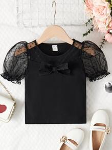 SHEIN Tops con gái lớn Tương phản Mesh viền lá sen Nơ trước màu trơn Dễ thương - màu đen - Xem 1