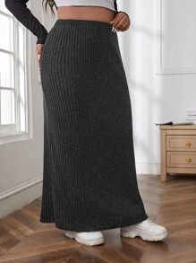 SHEIN EZwear Plus High Waist Ribbed Knit Maxi Skirt - Dark Grey - View 5