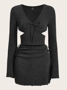 SHEIN ICON 前繫帶短款上衣和木耳邊半身裙