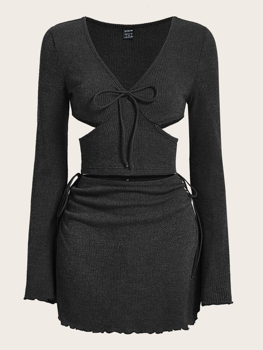 SHEIN ICON 前繫帶短款上衣和木耳邊半身裙