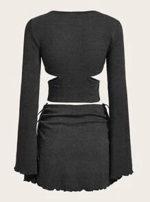 SHEIN ICON 前繫帶短款上衣和木耳邊半身裙