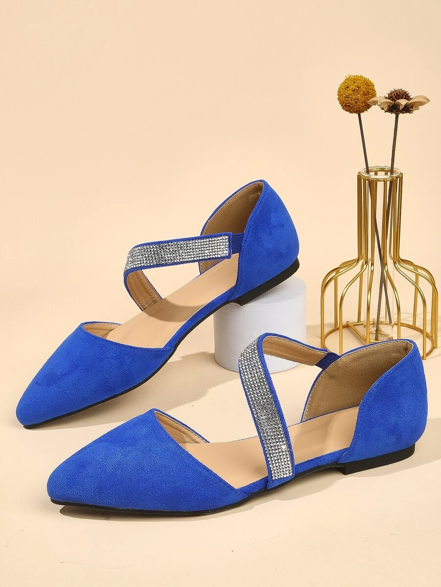 Women Rhinestone Decor Point Toe Ballet Flats, Fashionable Outdoor Faux Suede Flat Shoes - Blue - View 1