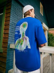 INFLATION Men Slogan Graphic Drop Shoulder Tee - Blue - View 1